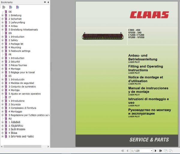 Claas C900 450 V1050 540 C1200 F1200 V1200 V1050 Operators Manual FR DE EN RU 1