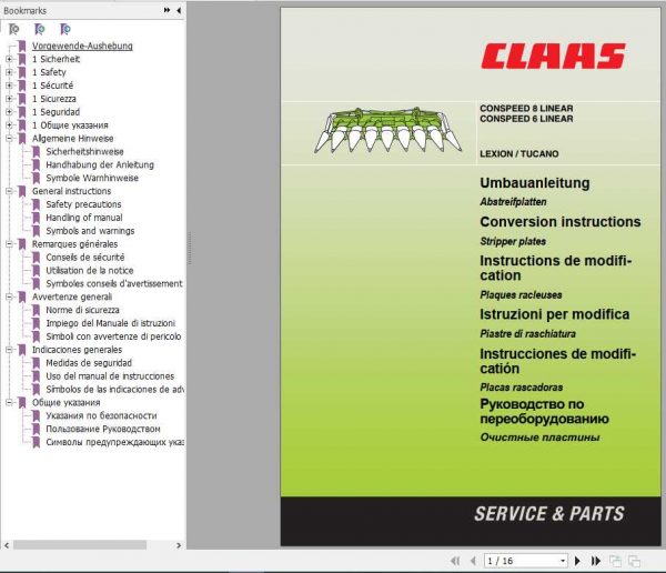 Claas Combines Conspeed 8 Linear Conspeed 6 Linear Conversion Instructions FR DE EN RU 1