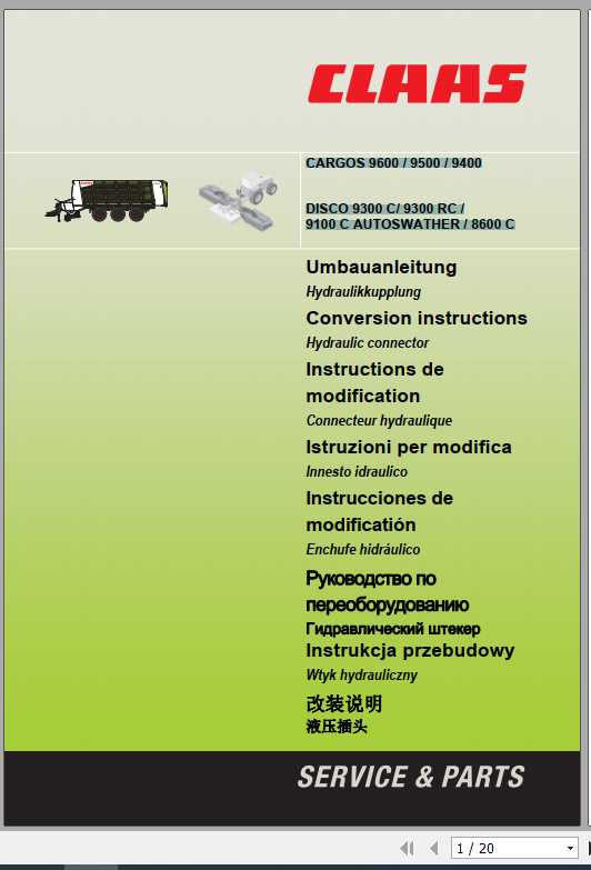 Claas Mowers Cargos 9600 9500 9400 Disco 9300C 9300RC 9100C 8600C Conversion Instructions