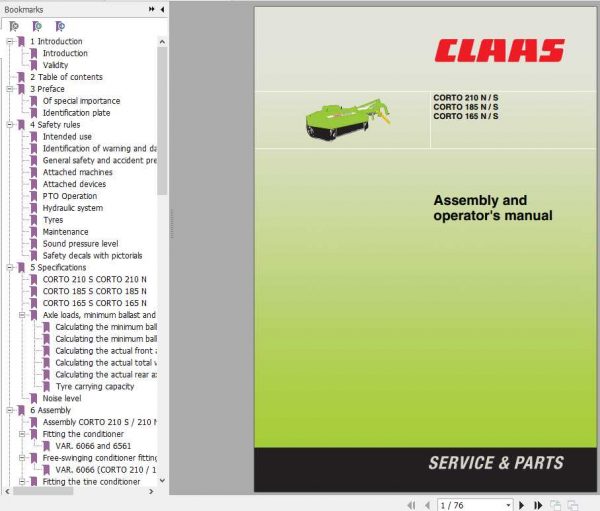 Claas Mowers Corto 210 N S Corto 185 N S Corto 165 N S Assembly Instruction 1