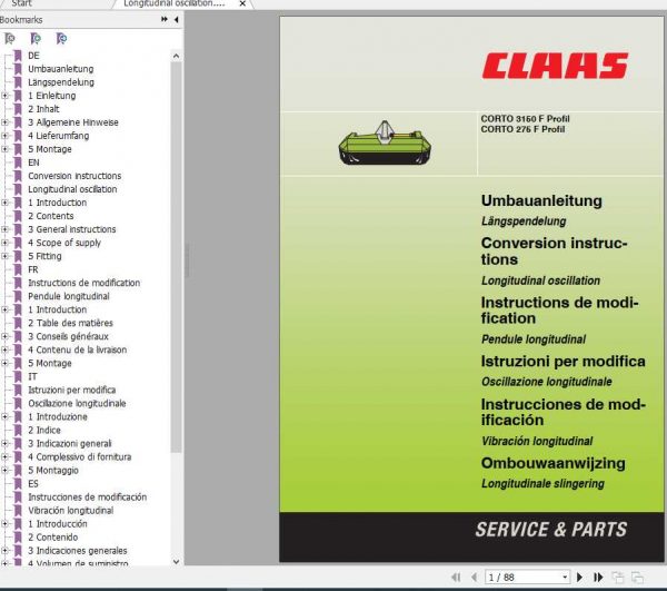 Claas Mowers Corto 3150F Profil Corto 275F Profil Conversion Instructions 1