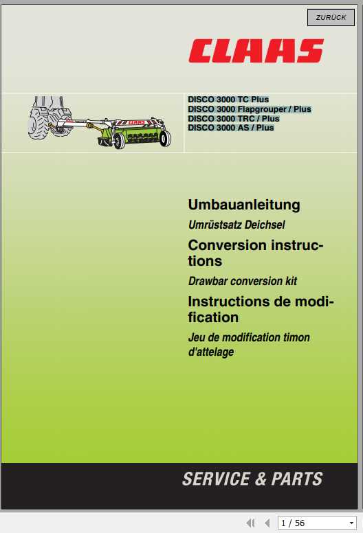Claas Mowers Disco 3000 TC PlusFlapgrouper PlusTRC PlusAS Plus Conversion Instructions