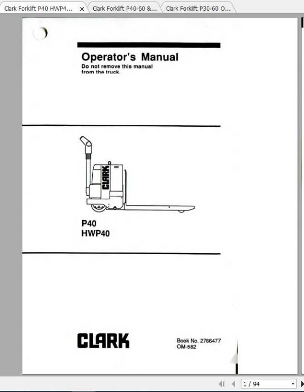 Clark Electric Pallet P40 60 HWP40 60 Operators Manual 2