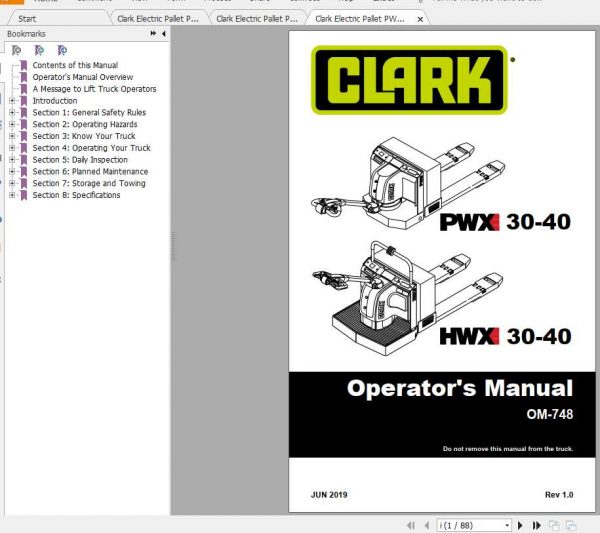 Clark Electric Pallet PWX30 40 HWX30 40 Operators Manual 1