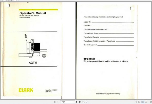 Clark Forklift AGT5 OM 552 Operators Manual2772957 1