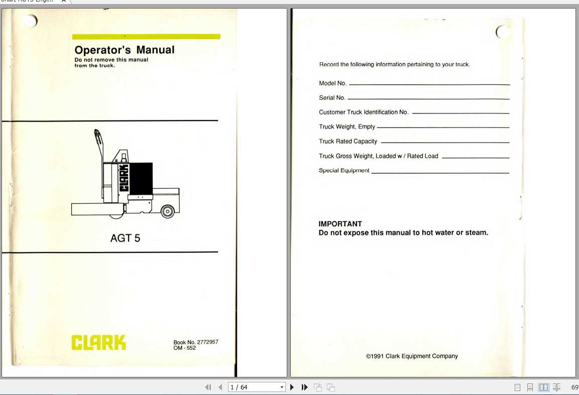 Clark Forklift AGT5 OM 552 Operators Manual2772957 1