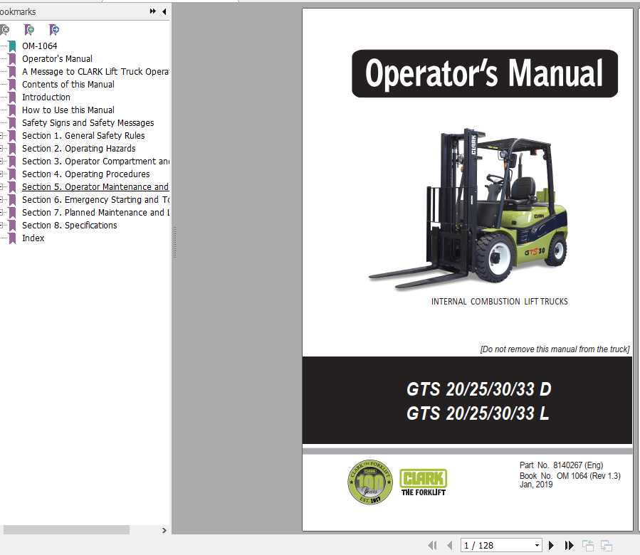 Clark Forklift GTS 20 33D GTS 20 33L OM 1064 Operators Manual8140267 1