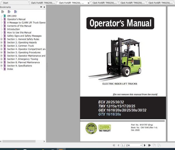 Clark Forklift TMX EPX ECX GEX GTX Operators ManualENPOES 1