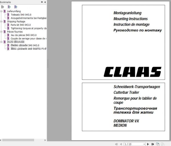 Class Combines Dominator VX MEDION Assembly Instruction FR DE EN RU 1