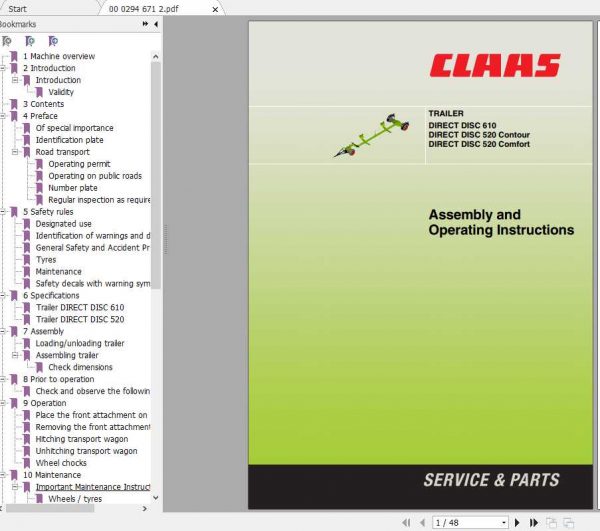 Class Forage Harvesters TRAILER DIRECT DISC 610 520 Contour 520 Comfort Assembly Instruction 1