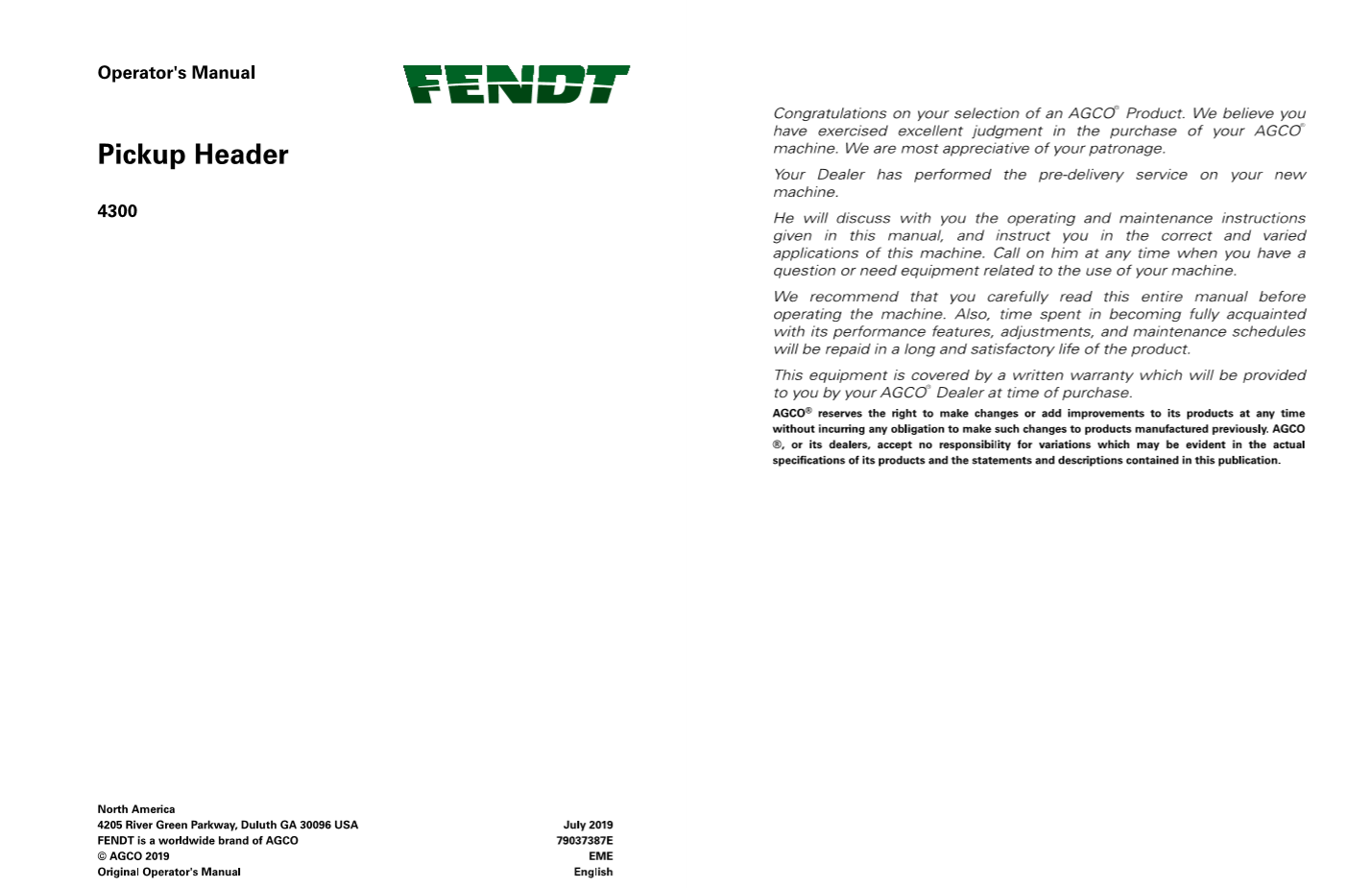 Fendt Eu Harvesting 4300 Pick Up Header Operator Manual 1