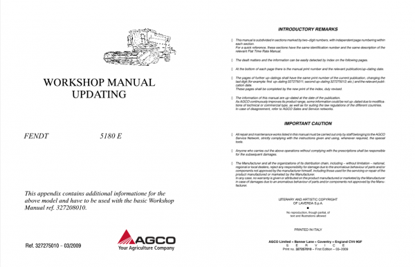 Fendt Eu Harvesting 5180 E Combines Wsm Appendix 1857671W Workshop Manual 1