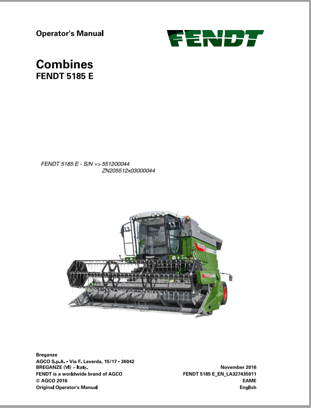 Fendt Eu Harvesting 5185E Combines Operators Manual 2017 3274351F 1