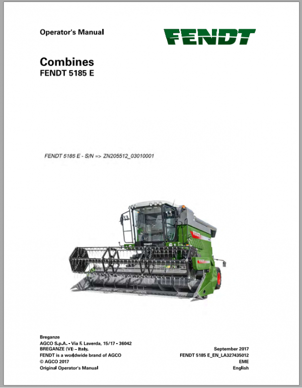 Fendt Eu Harvesting 5185E Combines Operators Manual 2018 3274352F 1
