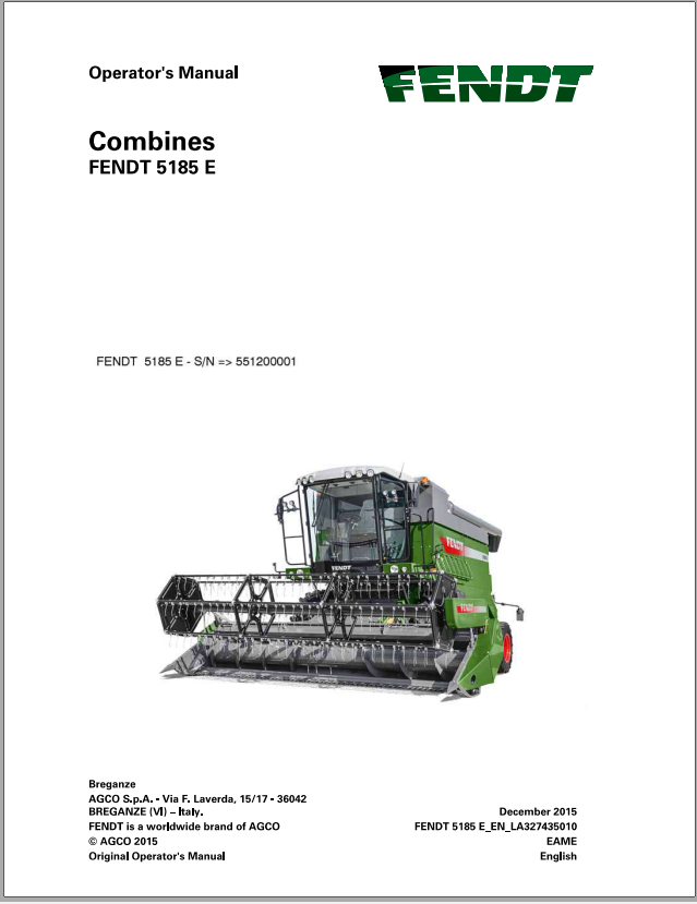 Fendt Eu Harvesting 5185E Combines Operators Manual 2019 3274353F 1