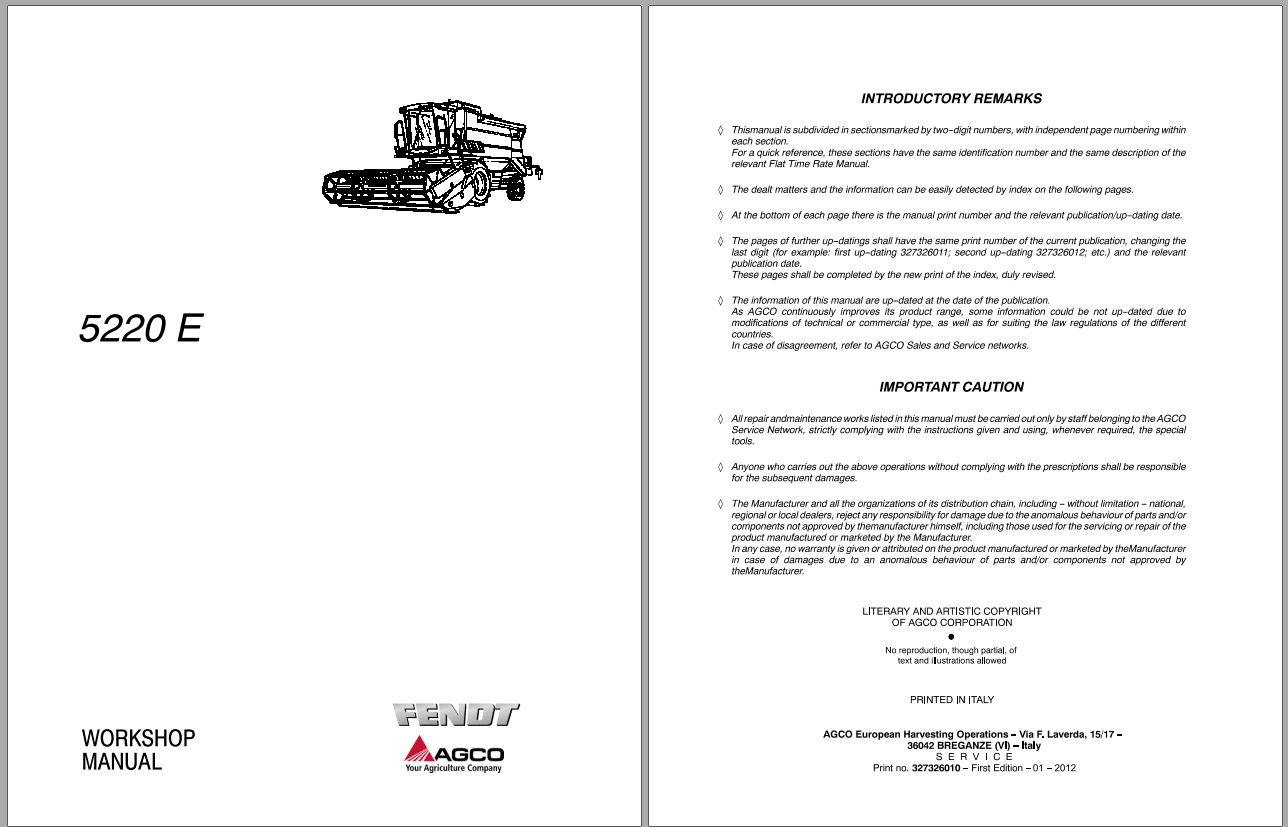 Fendt Eu Harvesting 5220 E Combines Workshop Service Manual 1857672B 1