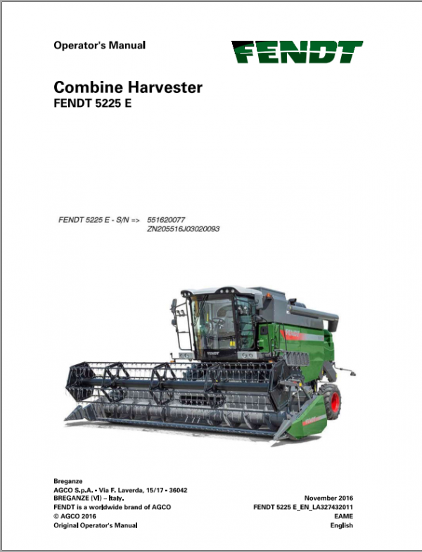 Fendt Eu Harvesting 5225E Combine Operators Manual 2017 3274321F 1