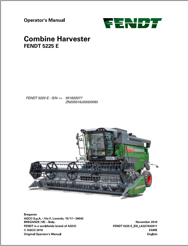Fendt Eu Harvesting 5225E Combine Operators Manual 2017 3274321F 1