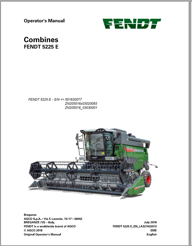 Fendt Eu Harvesting 5225E Combines Operators Manual 2019 3274323F 2