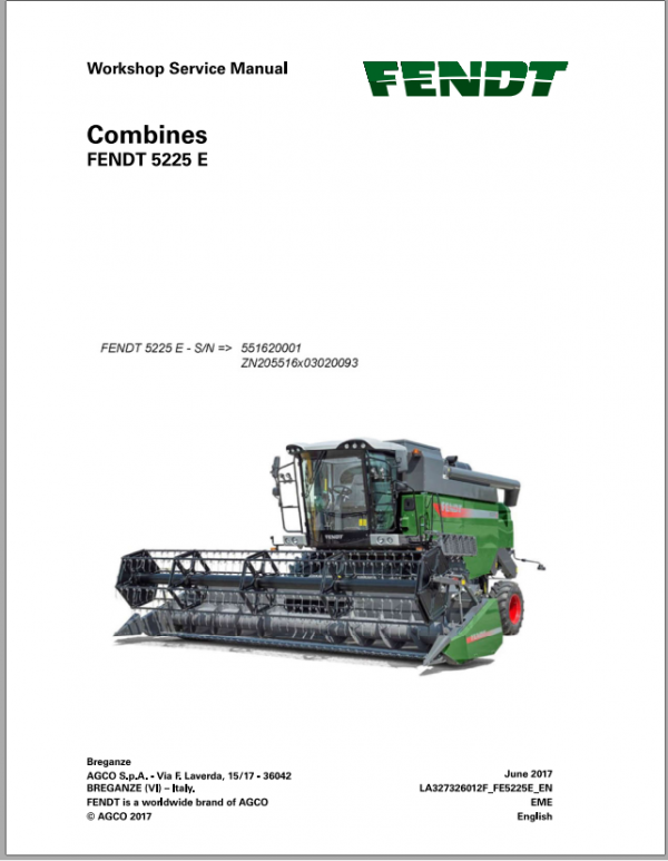 Fendt Eu Harvesting 5225E Combines Workshop Service Manual 2017 3273262F 2