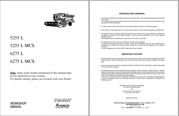 Fendt Eu Harvesting 5255 L MCS 6275 L MCS Combines Workshop Service Manual 1857672C 1