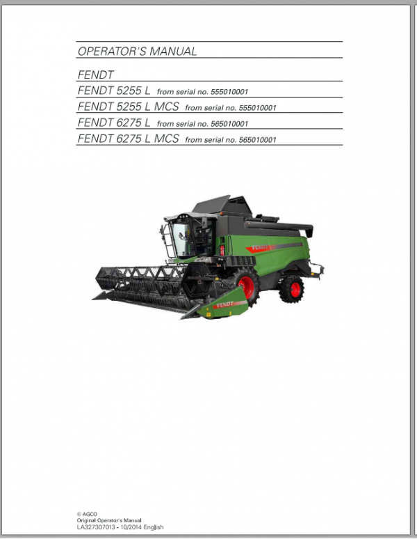 Fendt Eu Harvesting 5255l 6275l Combine Operators Manual 20153273073F 2