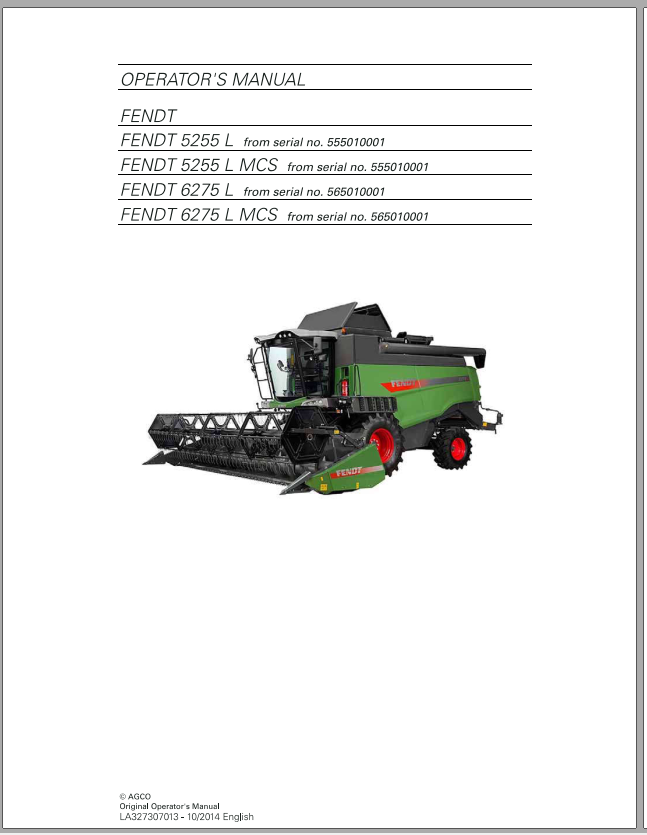 Fendt Eu Harvesting 5255l 6275l Combine Operators Manual 20153273073F 2
