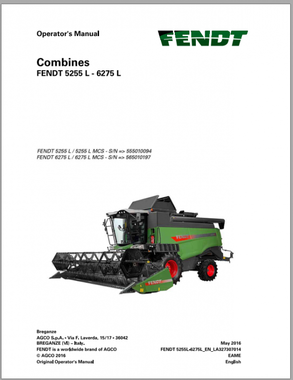 Fendt Eu Harvesting 5255l 6275l Combine Operators Manual 2016 3273074F 1