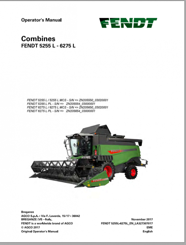 Fendt Eu Harvesting 5255l 6275l Combines Operators Manual 2018 3273077F 2