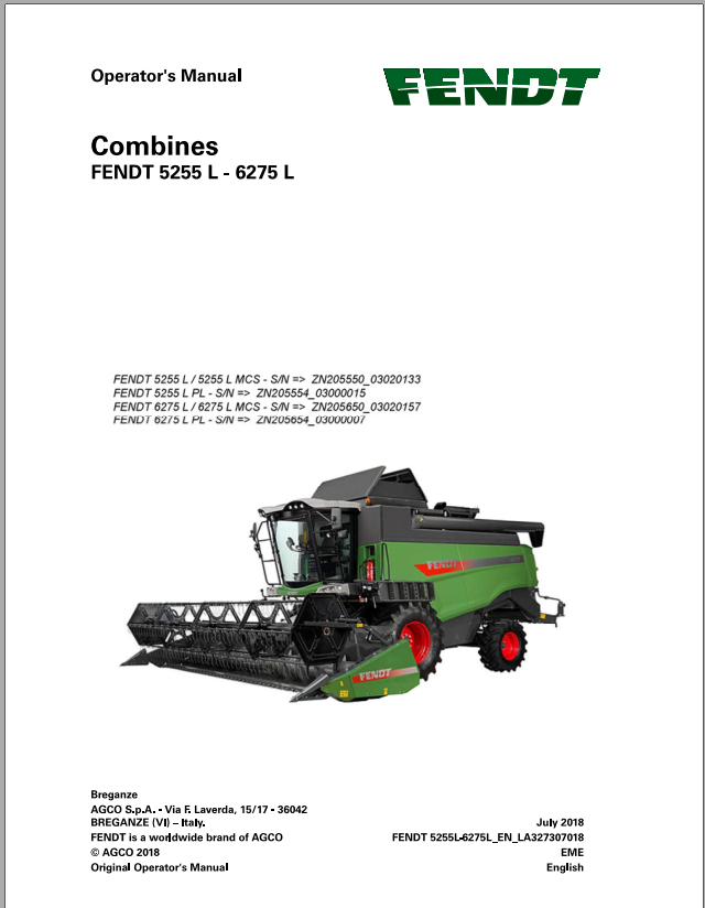Fendt Eu Harvesting 5255l 6275l Combines Operators Manual 2019 3273078F 2