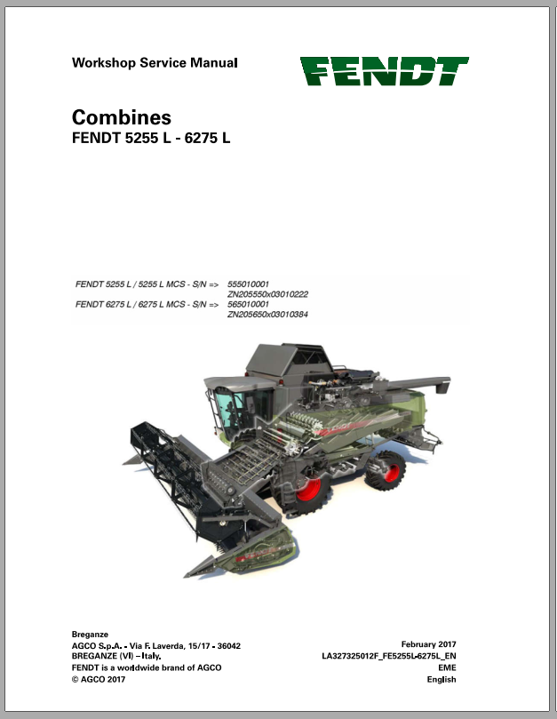 Fendt Eu Harvesting 5255l 6275l Combines Workshop Service Manual 2017 3273252F 2