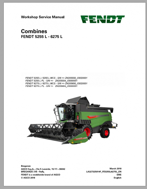 Fendt Eu Harvesting 5255l 6275l Combines Workshop Service Manual 2018 3273254F 2