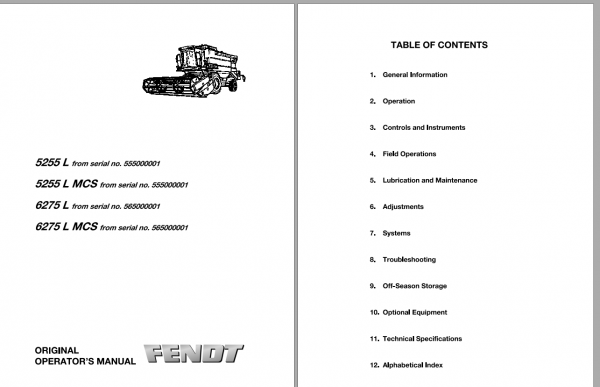 Fendt Eu Harvesting 5255l MCS 6275l MCS Combines Operators Manual 2012 1857673C 1