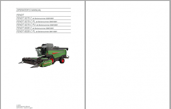 Fendt Eu Harvesting 5275C 6335C Combine Operators Manual 2015 3273174F 2