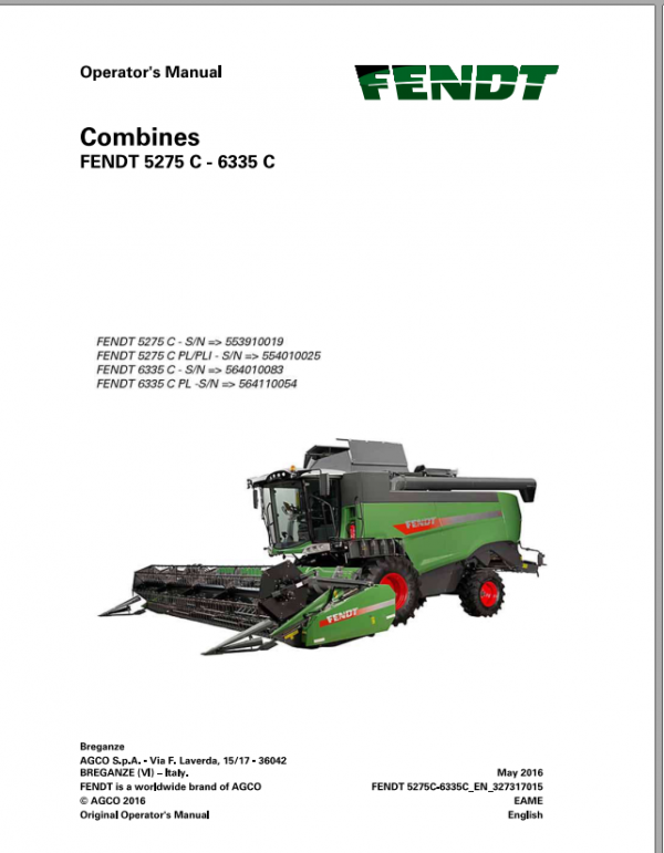 Fendt Eu Harvesting 5275C 6335C Combines Operators Manual 2016 3273175F 1