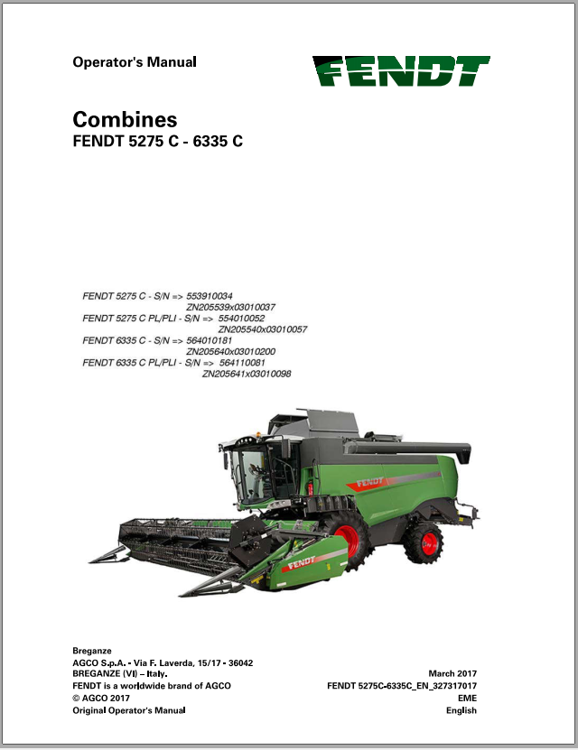 Fendt Eu Harvesting 5275C 6335C Combines Operators Manual 2017 3273177F 1