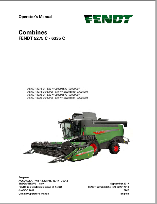 Fendt Eu Harvesting 5275C 6335C Combines Operators Manual 2018 3273178F 2