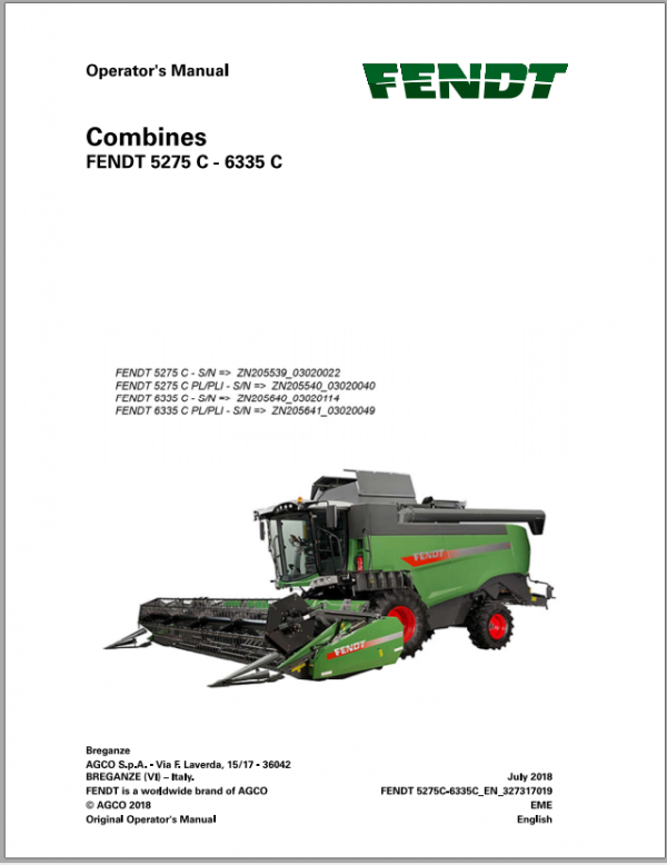 Fendt Eu Harvesting 5275C 6335C Combines Operators Manual 2019 3273179F 2