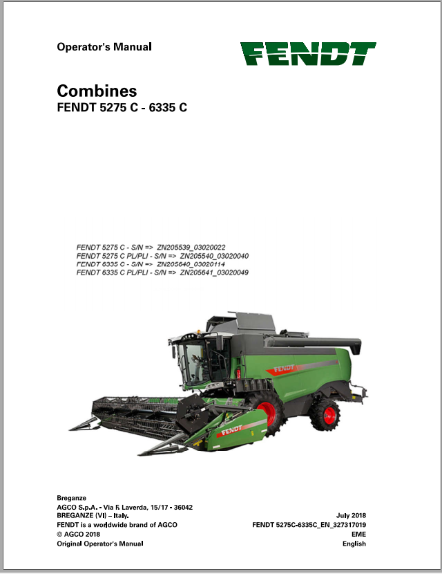 Fendt Eu Harvesting 5275C 6335C Combines Operators Manual 2019 3273179F 2