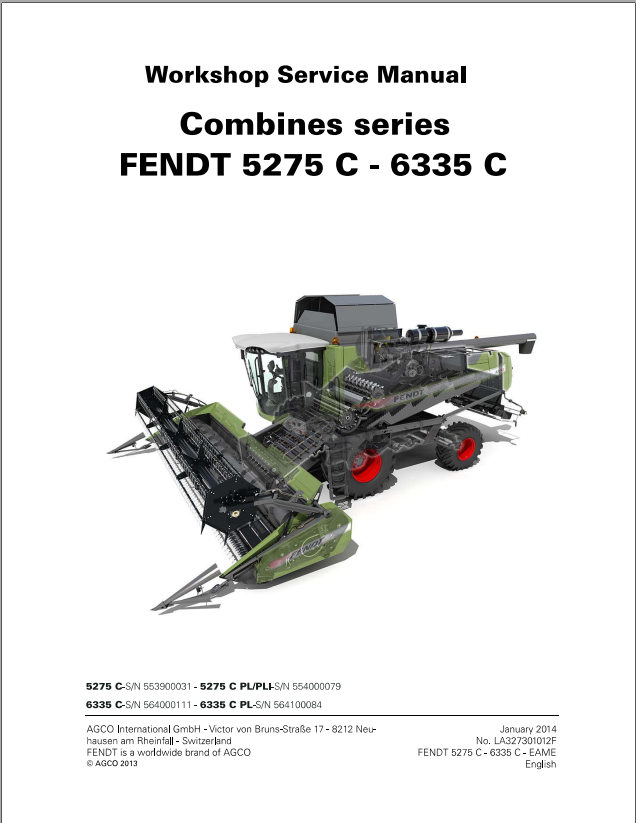 Fendt Eu Harvesting 5275C 6335C Combines Workshop Service Manual 2014 3273012F 2