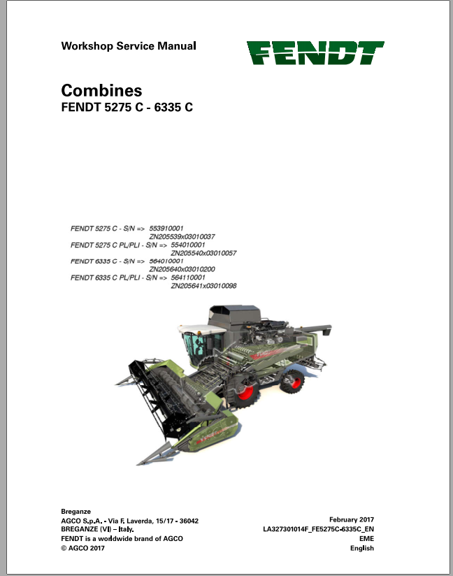 Fendt Eu Harvesting 5275C 6335C Combines Workshop Service Manual 2017 3273014F 2