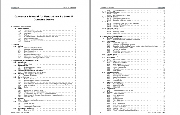 Fendt Eu Harvesting 8370P 8400P Stage 2 Combines Operators Manaual 01012010 D3151199