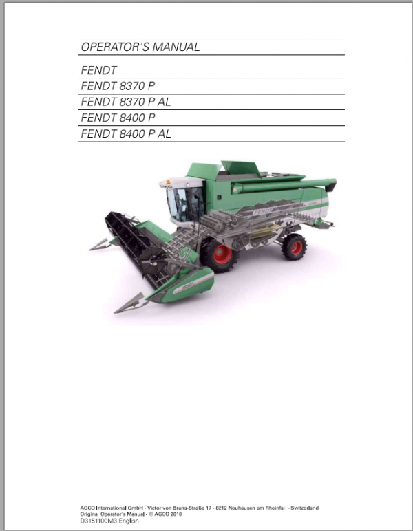 Fendt Eu Harvesting 8370P 8400P Stage 2 Combines Operators Manaual 01012010 D3151199 1