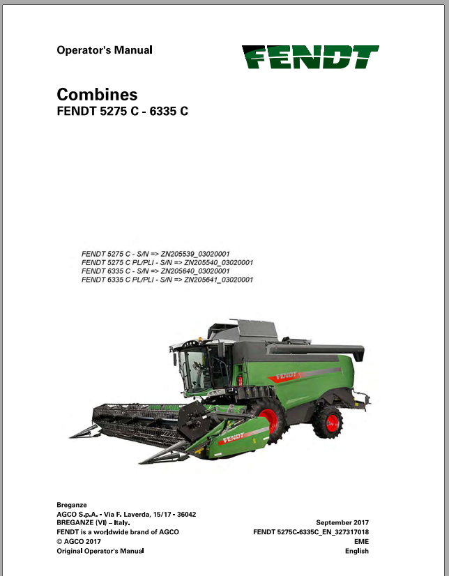 Fendt Eu Harvesting 8370P 8400P Stage 2 Combines Operators Manaual SN 580010001 D3