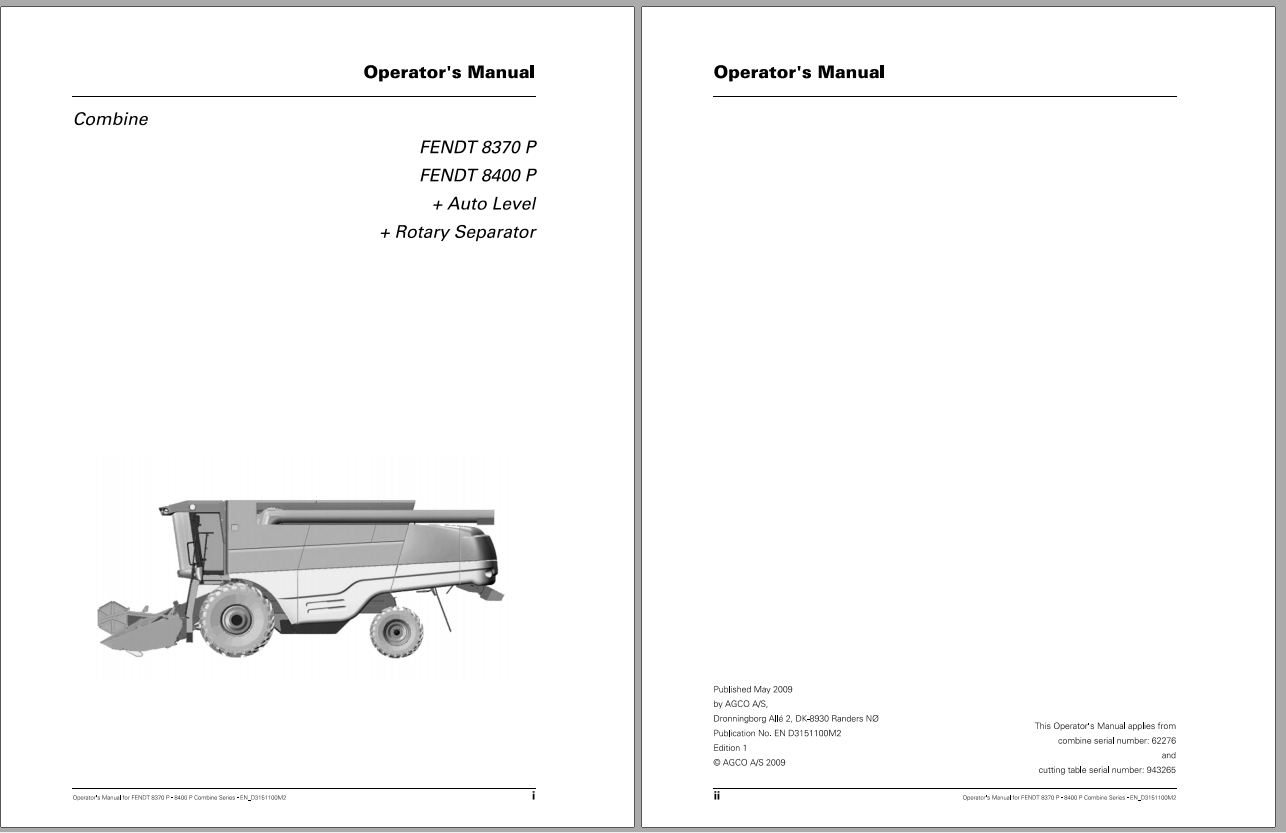 Fendt Eu Harvesting 8370P 8400P Stage 2 Combines Operators Manaual SN 62276 D3151198 1