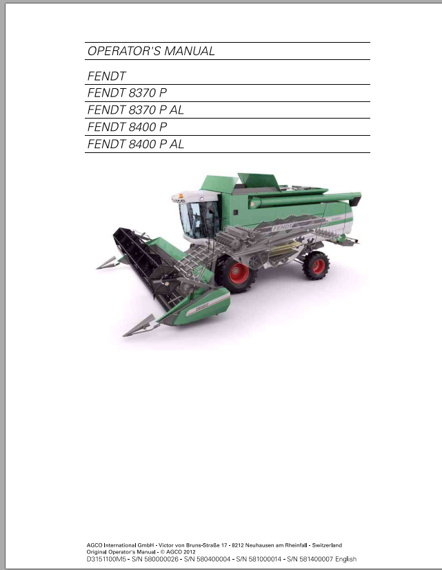 Fendt Eu Harvesting 8370P 8400P Stage 3BCombines Operators Manaual SN580000 1