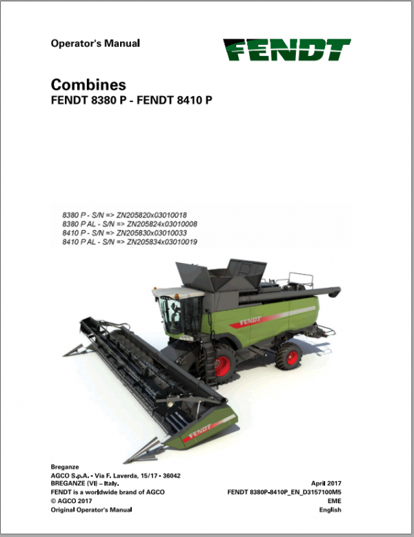 Fendt Eu Harvesting 8380P 8410P Combines Operators Manual 2017 D31571M5 2