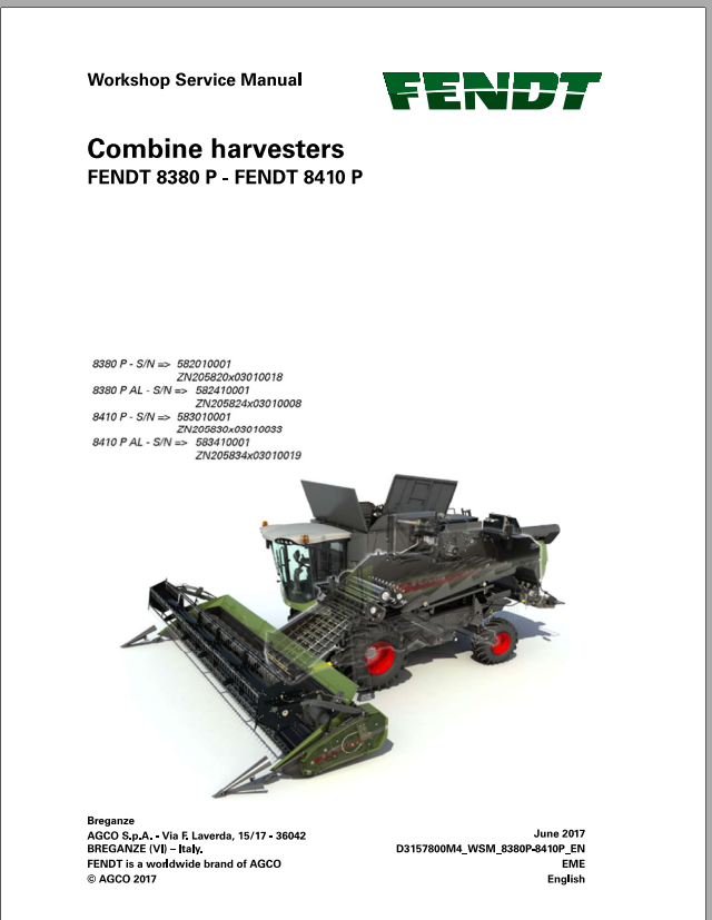 Fendt Eu Harvesting 8380P 8410P Combines Workshop Service Manual 2017 D31578M4 2