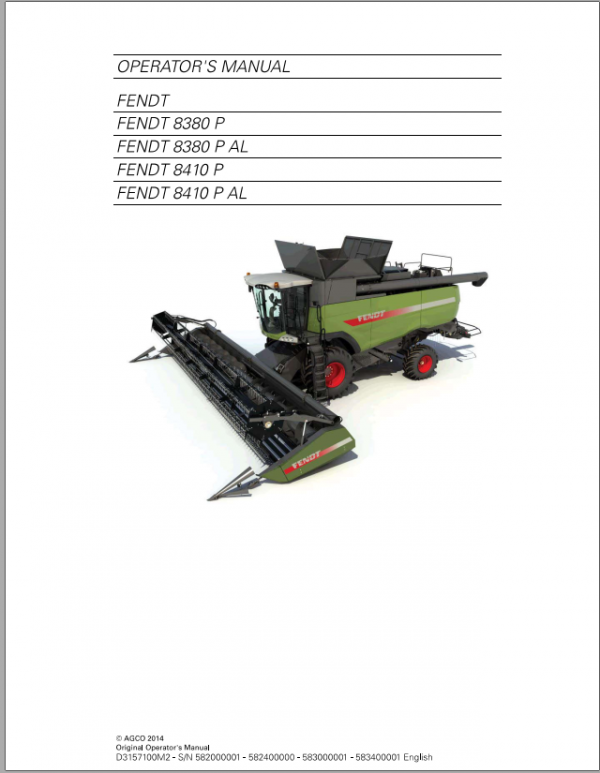 Fendt Eu Harvesting 8380P 8410P T4FCombines Operators Manaual 2014 SN582000 1