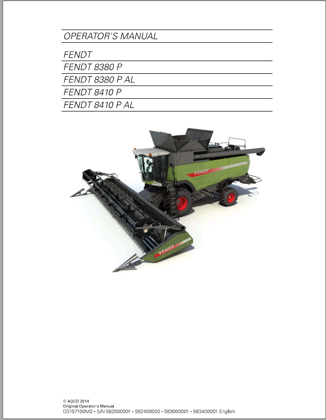 Fendt Eu Harvesting 8380P 8410P T4FCombines Operators Manaual 2014 SN582000 1